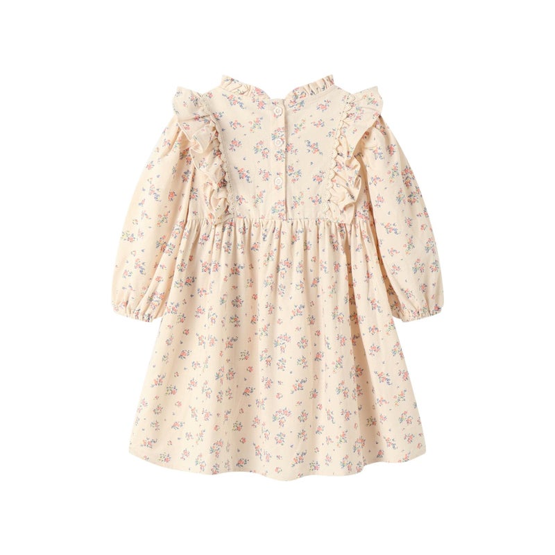 Mud Kingdom Toddler Girls Long Sleeve Floral Print Dress with Lace Trim Brushed Ruffled Details Spring Fall Apricot 2T - Image 3