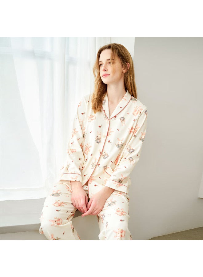 Meibiao Spring 2025 New Women's Pajamas, Pure Cotton Loose Long-sleeve 100% Cotton Cartoon Loungewear, Off-white, 2XL - Image 2