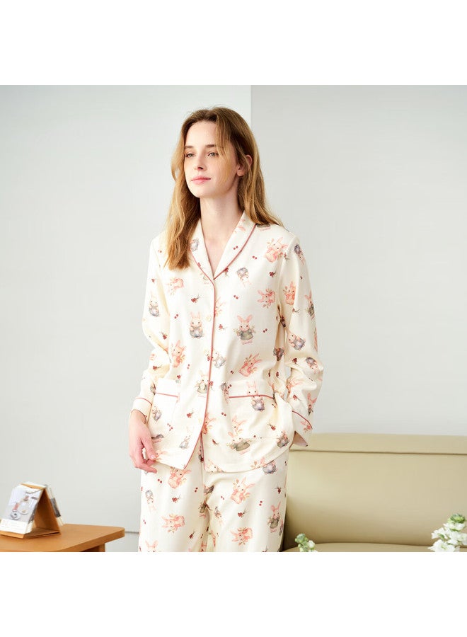 Meibiao Spring 2025 New Women's Pajamas, Pure Cotton Loose Long-sleeve 100% Cotton Cartoon Loungewear, Off-white, 2XL - Image 5