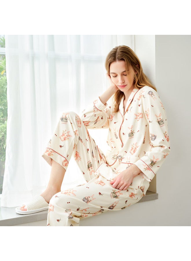 Meibiao Spring 2025 New Women's Pajamas, Pure Cotton Loose Long-sleeve 100% Cotton Cartoon Loungewear, Off-white, 2XL - Image 1