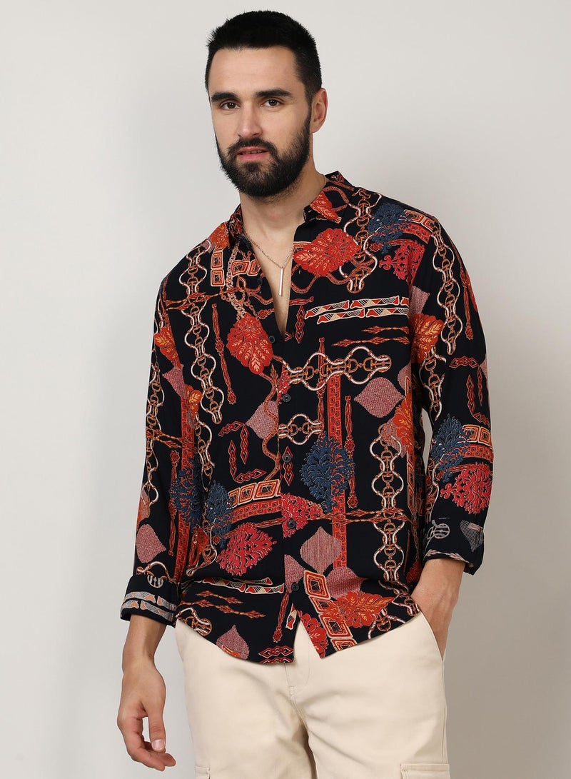 Campus Sutra Men's Crimson Red & Navy Blue Artistic Block Shirt - Image 1
