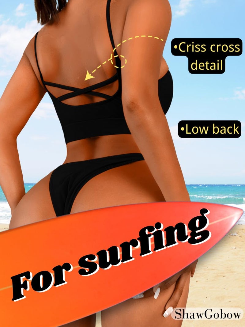 ShawGobow Sexy Swimsuit for Women,Cutout Keyhole Backless Low Rise High Cut Bathing Suit,Two Piece Bikini Sets Vacation Resort Beach Wear Pool Party Petite Black Small - Image 3