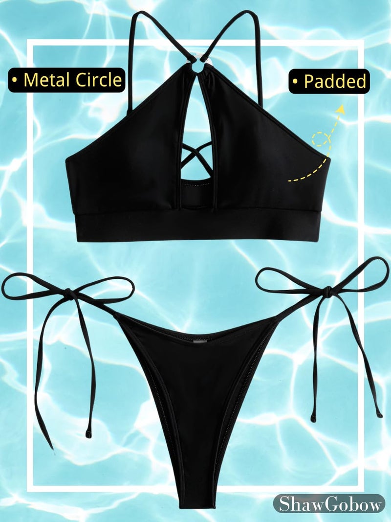 ShawGobow Sexy Swimsuit for Women,Cutout Keyhole Backless Low Rise High Cut Bathing Suit,Two Piece Bikini Sets Vacation Resort Beach Wear Pool Party Petite Black Small - Image 4