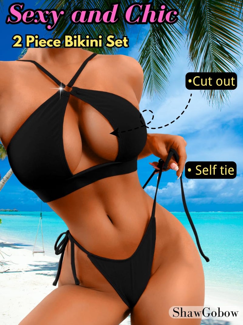 ShawGobow Sexy Swimsuit for Women,Cutout Keyhole Backless Low Rise High Cut Bathing Suit,Two Piece Bikini Sets Vacation Resort Beach Wear Pool Party Petite Black Small - Image 2