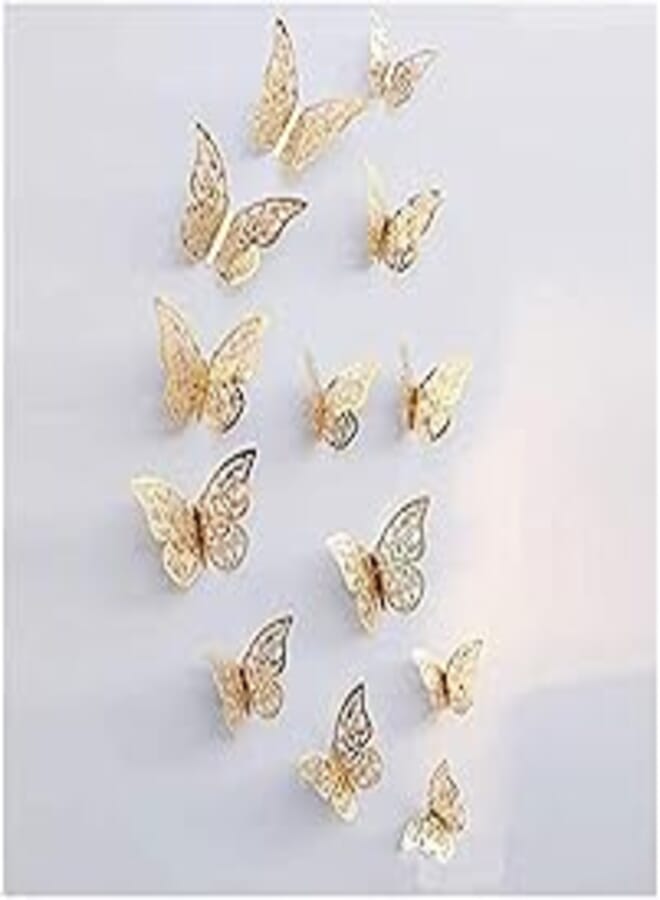 OR Golden 12pcs 3D Hollow Butterfly Wall Sticker for Home Decor DIY Butterflies Fridge stickers Room Decoration Party Wedding Decor