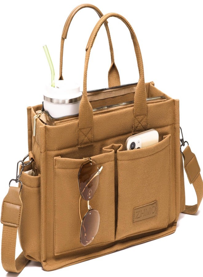 ZHMO Canvas Tote Bag for Women,Womens Purse Handbags Totes Bags Crossbody Work Laptop Book Bag for Travel Nurse College Gift, New Upgrade Plus Brown, Large, Simple Modern Tote - Image 1