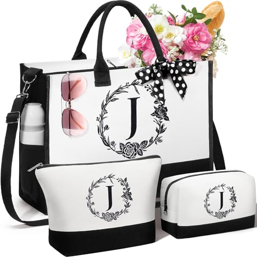 FLOE Personalized Gifts for Women, Initial Canvas Tote Bag & Makeup Bag Monogrammed Beach Tote Bags for Women w/Zipper, Valentines Day Birthday Gifts for Her Wife Girlfriend Mom Sister Best Friend Teacher - Image 1