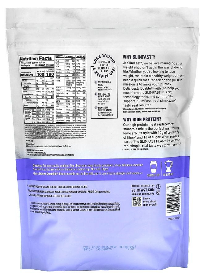 SlimFast High Protein Meal Replacement Smoothie Mix Vanilla Cream 1.49 lb (676 g) - Image 2