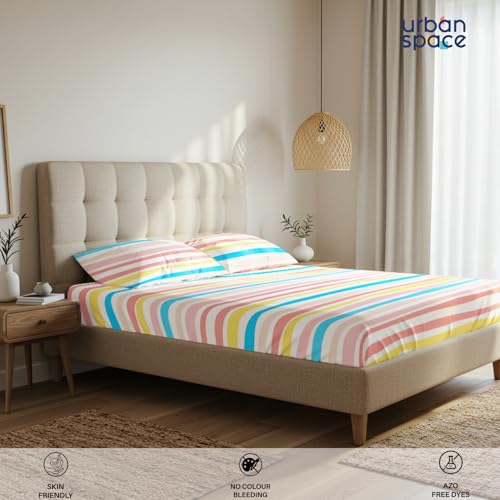 Urban Space Serene 100% Cotton 200 TC Printed Elastic Fitted Bedsheets King Size with 2 Pillow Covers (Size 72 x 78 inches, Multi Colour Stripes-Pastel) - Image 4