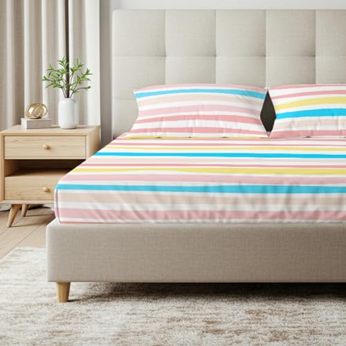 Urban Space Serene 100% Cotton 200 TC Printed Elastic Fitted Bedsheets King Size with 2 Pillow Covers (Size 72 x 78 inches, Multi Colour Stripes-Pastel) - Image 1