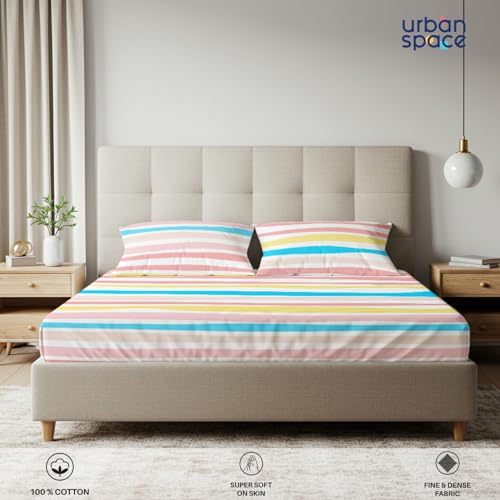 Urban Space Serene 100% Cotton 200 TC Printed Elastic Fitted Bedsheets King Size with 2 Pillow Covers (Size 72 x 78 inches, Multi Colour Stripes-Pastel) - Image 3