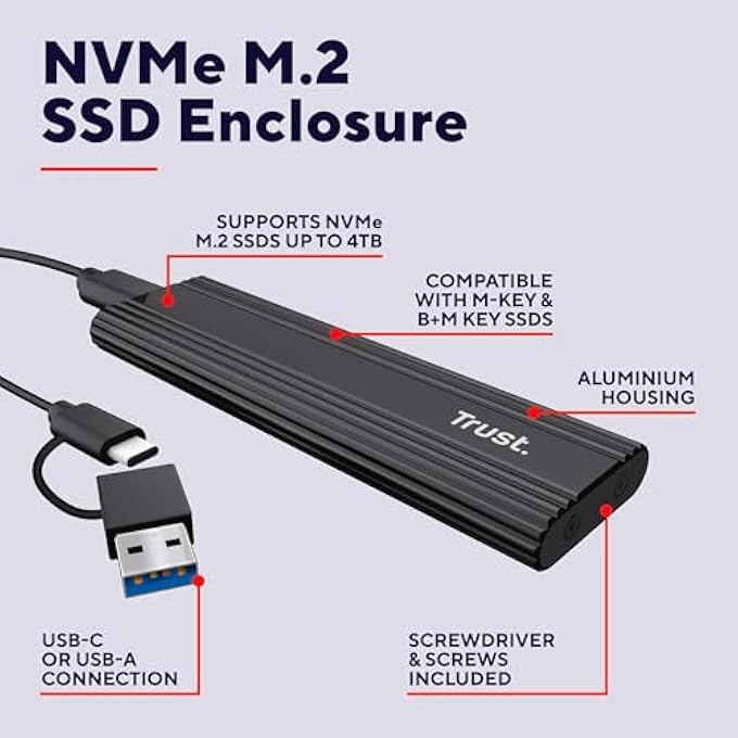 Trust حاوية SSD M2 NVME USB-C بسرعة 10 جيجابت في الثانية، محول لقرص SSD خارجي سعة 4 تيرابايت، يدعم 2230 2242 2260 2280 FAT32/NTFS/EXT4/EXFAT/APFS، حافظة NVME M.2 للقرص الصلب عالمي M/M & B KEY - Image 2
