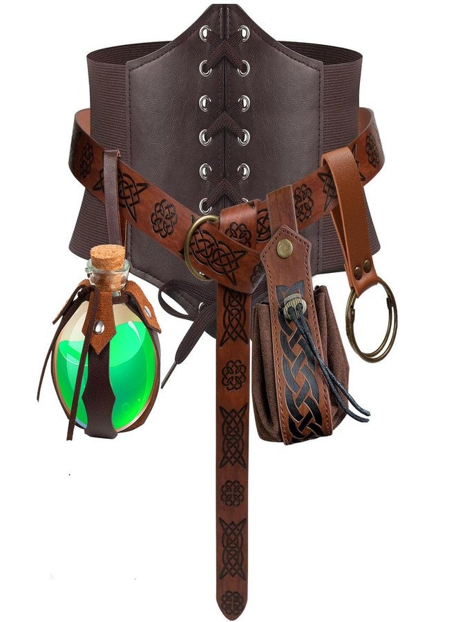 KOTORA 7PCS Renaissance Costume Sets Corset Waistband Belt Pouch Coin Purse Alight Potion Bottle Skirt Hike Medieval Cosplay (Brown, L/Waist 32"-43") - Image 1