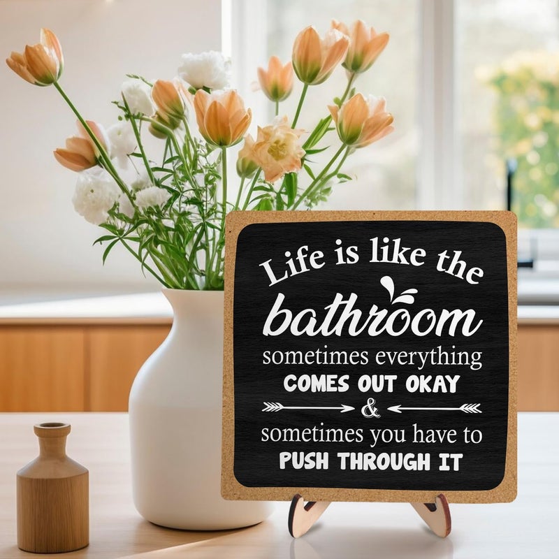 DMADNF Bathroom Decor, Vintage Bathroom Wood Plaque Sign, Life is Like The Bathroom Sign Desk Decor, Farmhouse Decor for Shelf Bathroom Toilet Home Decor 5.9x5.9 Inch (Black-1) - Image 5