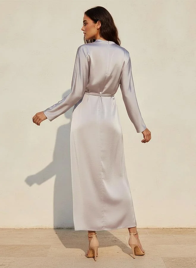 Iconic GREY Iconic A line Midi Satin Dress with Belt Detail for Women | Best Price UAE