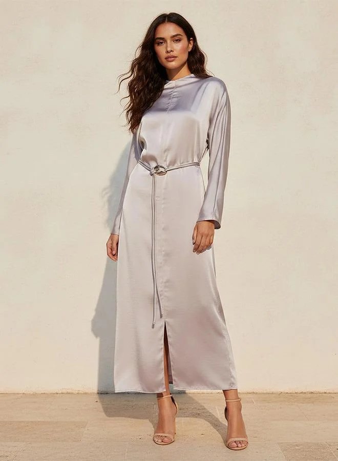 Iconic A line Midi Satin Dress with Belt Detail
