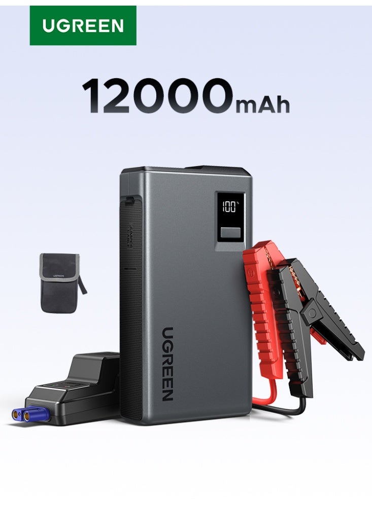 يو جرين جهاز بدء تشغيل بطارية السيارة، بطارية 12 فولت فائقة الأمان 1000 أمبير، جهاز بدء تشغيل ذكي 12000mAh، معزز بطارية 3 في 1، 6 لتر، مع 1A1C، شاشة رقمية، أسلاك توصيل، ومصباح LED للطوارئ والسفر - Image 1