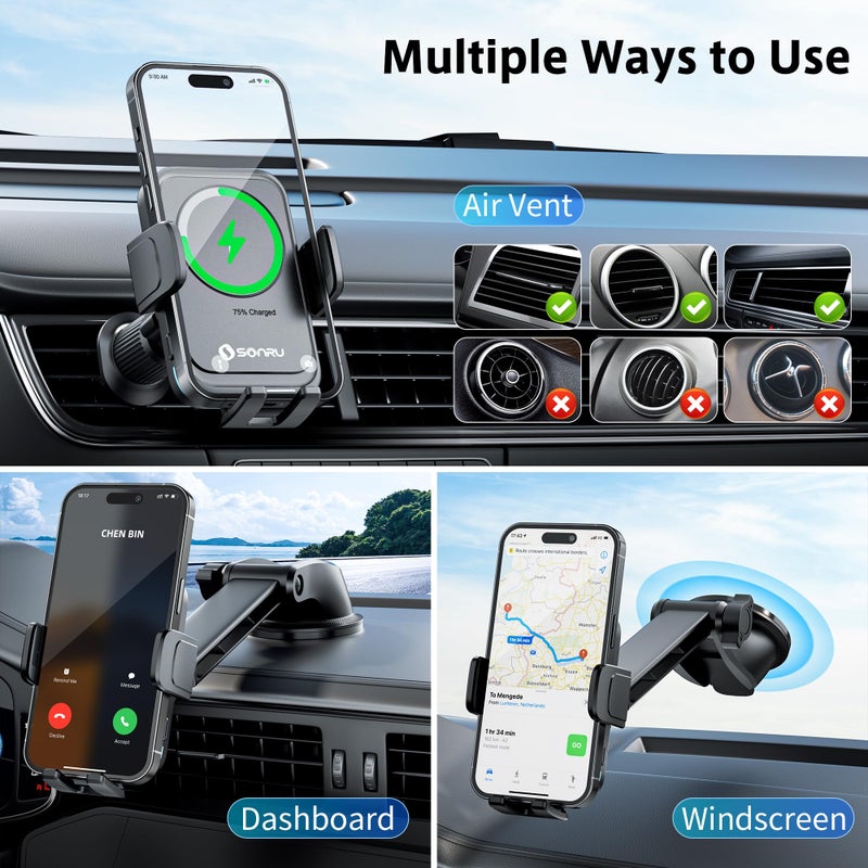 Sonru 2026 Smart Car Phone Holder Wireless Charger, 15w Wireless Charger Compatible with Magsafe, Excellent Strudiness, One-Handed Auto Clamping, Compatible with Dashboards Air Vents and Windshields - Image 5