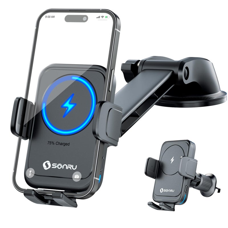 Sonru 2026 Smart Car Phone Holder Wireless Charger, 15w Wireless Charger Compatible with Magsafe, Excellent Strudiness, One-Handed Auto Clamping, Compatible with Dashboards Air Vents and Windshields - Image 1