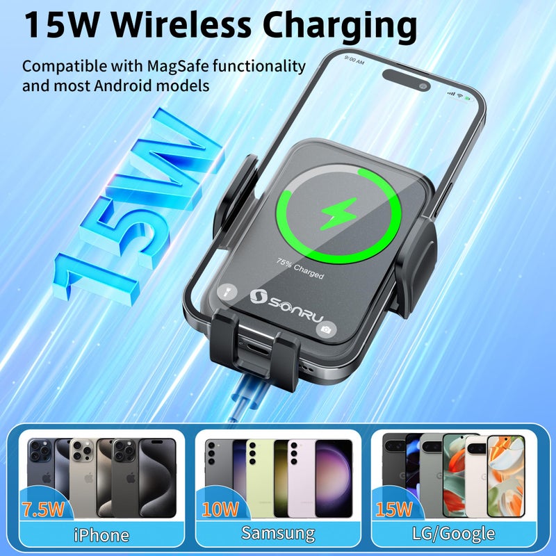 Sonru 2026 Smart Car Phone Holder Wireless Charger, 15w Wireless Charger Compatible with Magsafe, Excellent Strudiness, One-Handed Auto Clamping, Compatible with Dashboards Air Vents and Windshields - Image 3