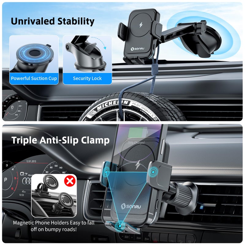 Sonru 2026 Smart Car Phone Holder Wireless Charger, 15w Wireless Charger Compatible with Magsafe, Excellent Strudiness, One-Handed Auto Clamping, Compatible with Dashboards Air Vents and Windshields - Image 4