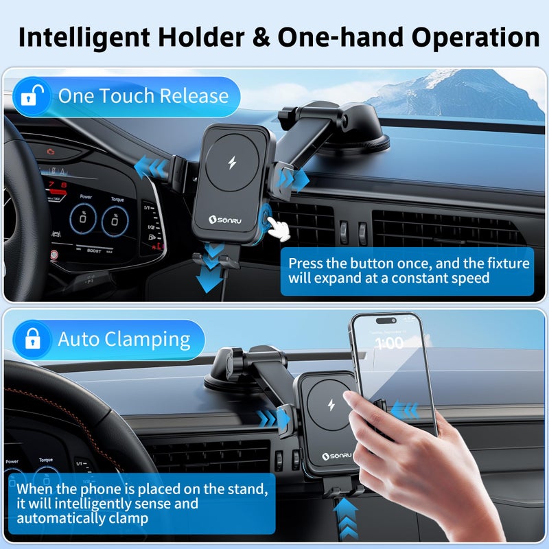 Sonru 2026 Smart Car Phone Holder Wireless Charger, 15w Wireless Charger Compatible with Magsafe, Excellent Strudiness, One-Handed Auto Clamping, Compatible with Dashboards Air Vents and Windshields - Image 2