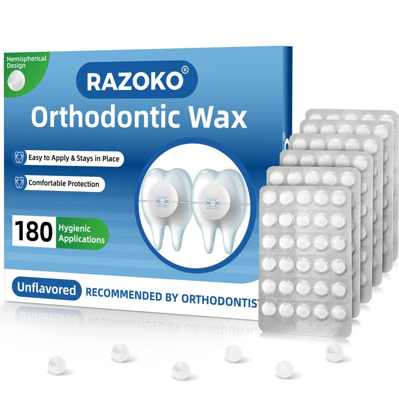 RAZOKO Orthodontic Wax for Braces - 180 Dental Wax Dots, Hygienic Individual Wraps, Strong Adhesion for Brackets & Wiresâ€‹, Unflavored - Image 1