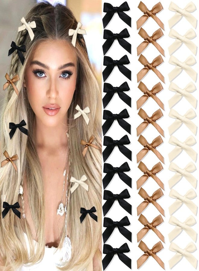 BELICIA 15PCS Luxury Mini Hair Bows Beige Black Brown Small Bows for Hair Silky Satin Bows for Women Cute Hair Ribbon Bowknot Barrettes Sweet Alligator Hair Bow Clips Accessories for Teens and Girls - Image 1