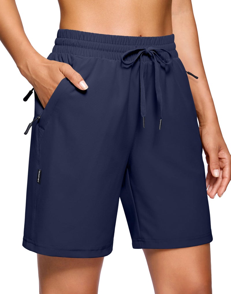 SANTINY Women's 7''/ 9'' Hiking Shorts with 3 Zipper Pockets Lightweight Quick Dry Long Athletic Golf Shorts for Women Casual (Navy_XL) - Image 1