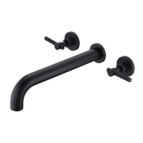 sumerain Wall Mount Tub Filler Matte Black Tub Faucet High Flow Two Handles Solid Brass, Long Spout Reach, sumerain - Image 1
