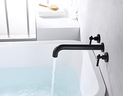 sumerain Wall Mount Tub Filler Matte Black Tub Faucet High Flow Two Handles Solid Brass, Long Spout Reach, sumerain - Image 5