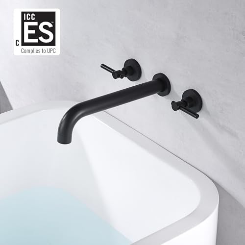 sumerain Wall Mount Tub Filler Matte Black Tub Faucet High Flow Two Handles Solid Brass, Long Spout Reach, sumerain - Image 2