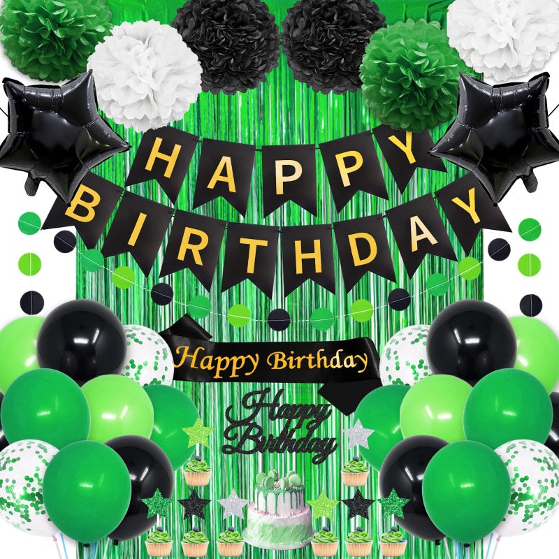 FINDRICH Green Birthday Decorations 50PCS Happy Birthday Decorations for Men with Banner Balloons Sash Foil Fringe Curtain Paper Pompoms Green and Black Party Decorations Party Supplies for Mens Boys Kids - Image 3