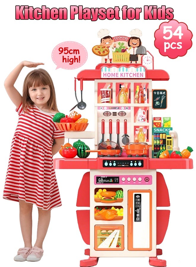 95cm High Kitchen Playset,Large Kitchen Pretend Play Toy Set, Separable Design Kids Pretend Kitchen Toys with Refrigerator, oven, vegetables,Sink, Role Play Cookware Indoor DIY Toy Set, 54pcs Accessories Toys Sets for Boys, Girls, Kids, Children，Red - Image 1
