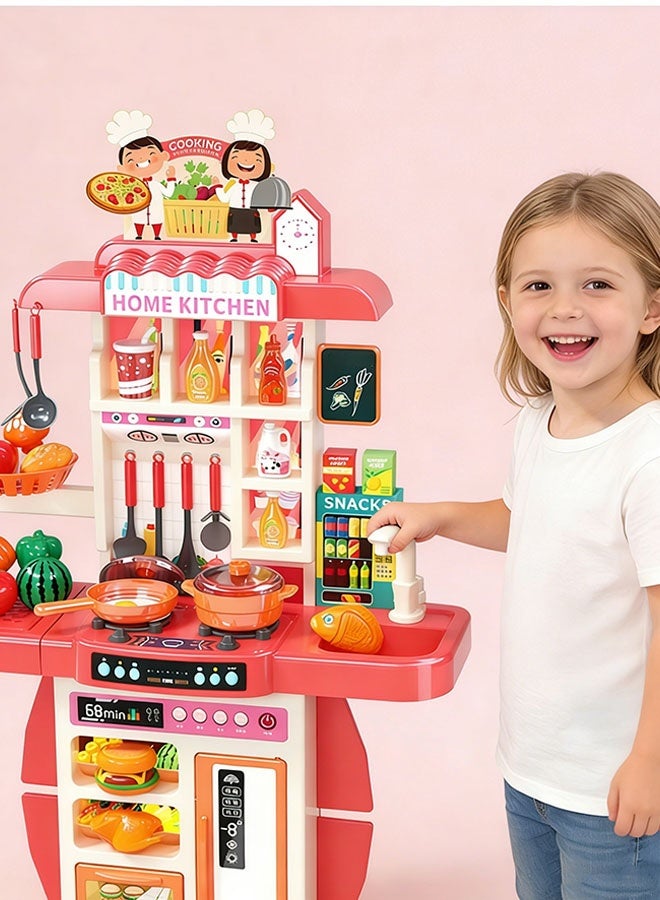 مجموعة ألعاب مطبخ بارتفاع 95 سم، مجموعة ألعاب مطبخ كبيرة، تصميم قابل للفصل، ألعاب مطبخ للأطفال مع ثلاجة وفرن وخضراوات وحوض، مجموعة أدوات طهي للعب الأدوار في الأماكن المغلقة، مجموعة ألعاب DIY مكونة من 54 قطعة من الملحقات للأولاد والبنات والأطفال، لون أحمر - Image 3