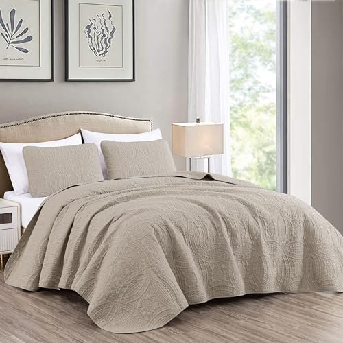 Chezmoi Collection Austin 3-Piece Oversized Bedspread Coverlet Set (Queen, Khaki) - Image 1