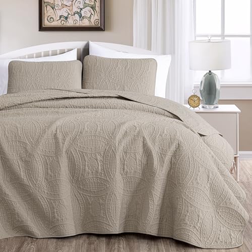 Chezmoi Collection Austin 3-Piece Oversized Bedspread Coverlet Set (Queen, Khaki) - Image 2