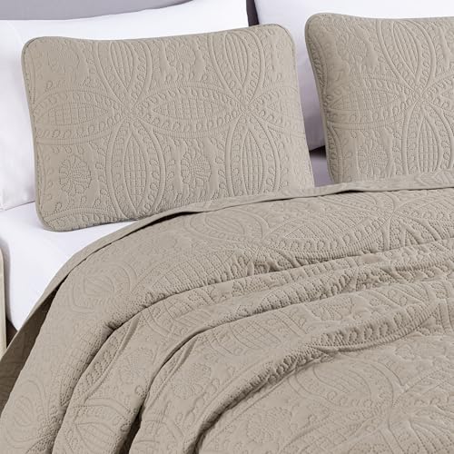 Chezmoi Collection Austin 3-Piece Oversized Bedspread Coverlet Set (Queen, Khaki) - Image 3