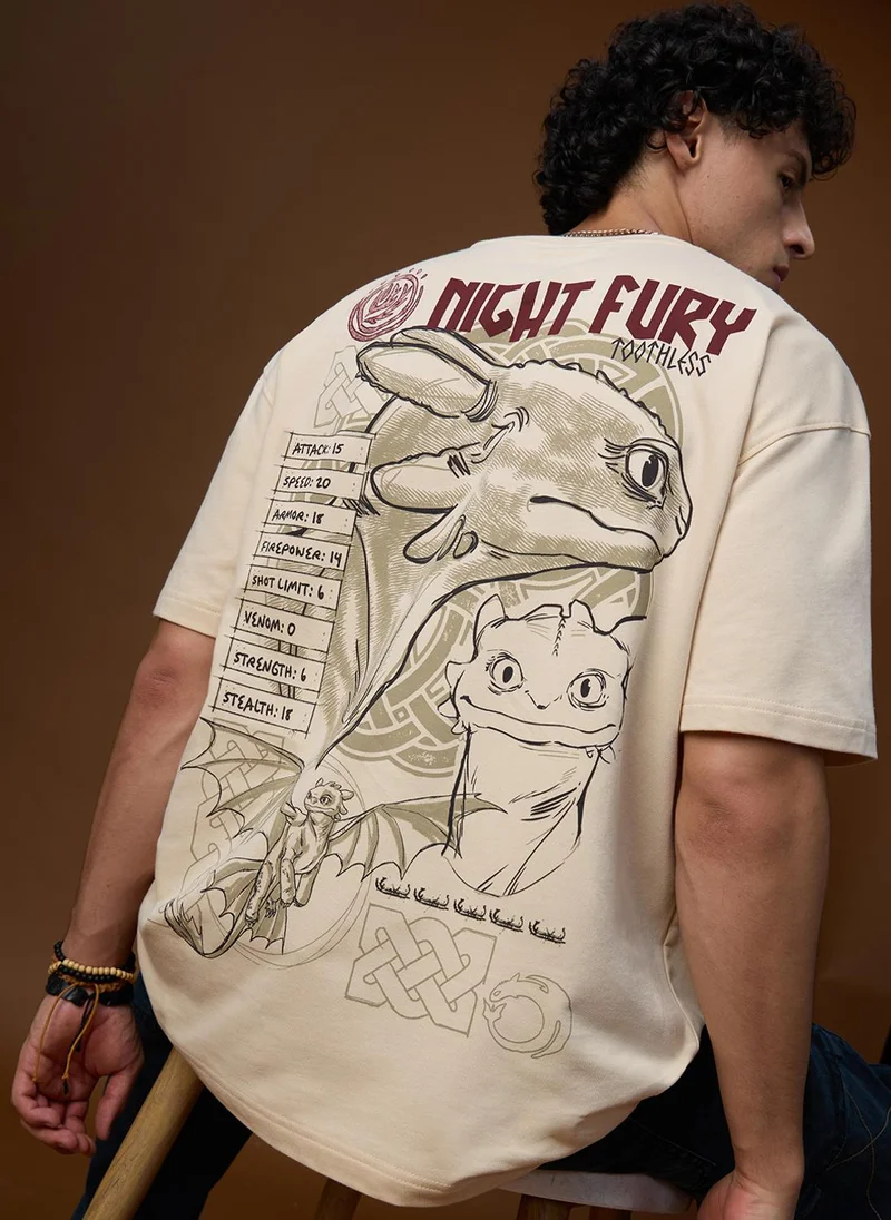 The Souled Store The Souled Store Disney: Night Fury Men and Boys Short Sleeves Round Neck Beige Graphic Printed Cotton Oversized T-Shirts