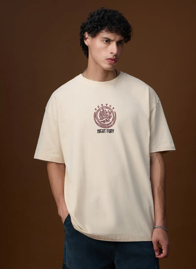 The Souled Store The Souled Store Disney: Night Fury Men and Boys Short Sleeves Round Neck Beige Graphic Printed Cotton Oversized T-Shirts