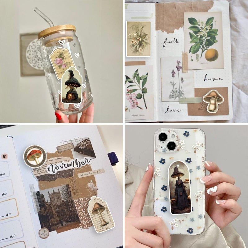 PRSTINCOL Vintage Mushroom Stickers 60 Pcs, Large Witchy Aesthetic Mushroom Decor for Adults Teens, Vintage Decal for Scrapbook, Junk Journal, Bullet Journal, Card Making, DIY Crafts - Image 2
