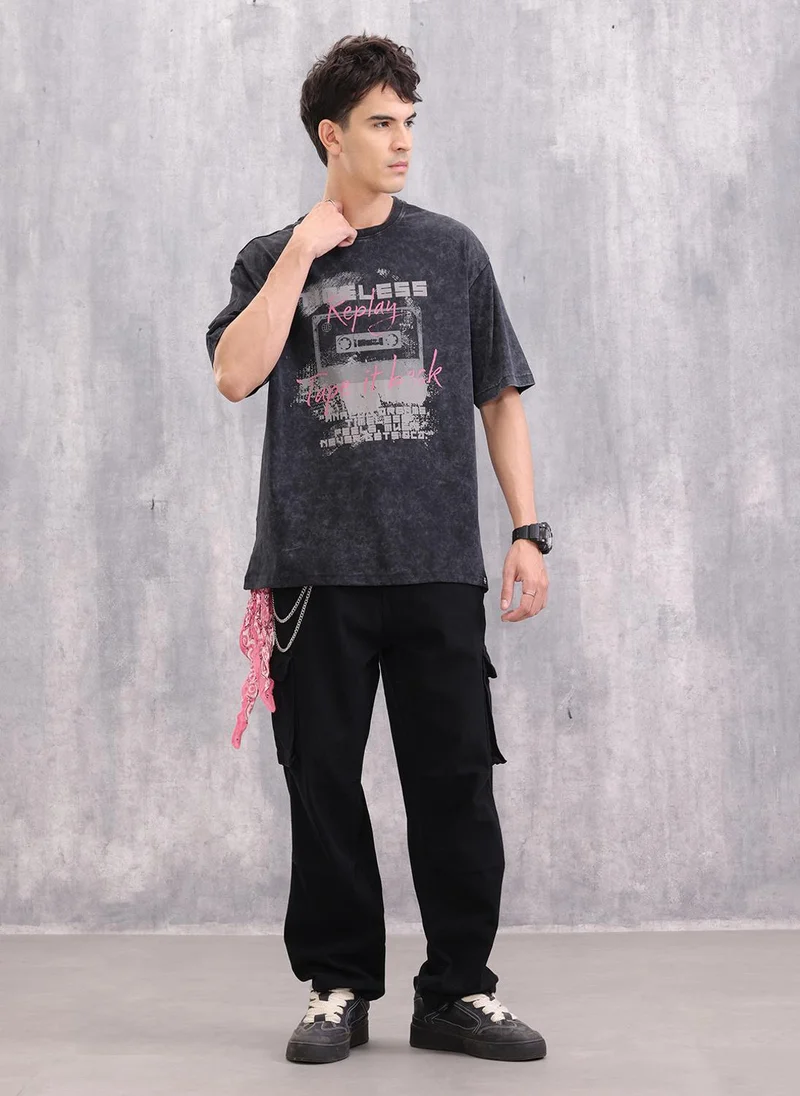 Wrogn Acid Wash Graphic Printed Oversized Fit T-Shirt | Black