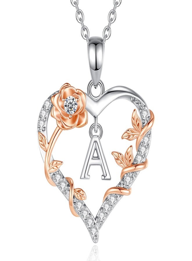 EUDORA Rose Heart Initial A Necklace for Women Letter A Alphabet Initial Necklaces Copper Rhodium Plated Pendant with Cubic Zirconia, Initials Jewelry Gifts for Women Wife 18" - Image 1
