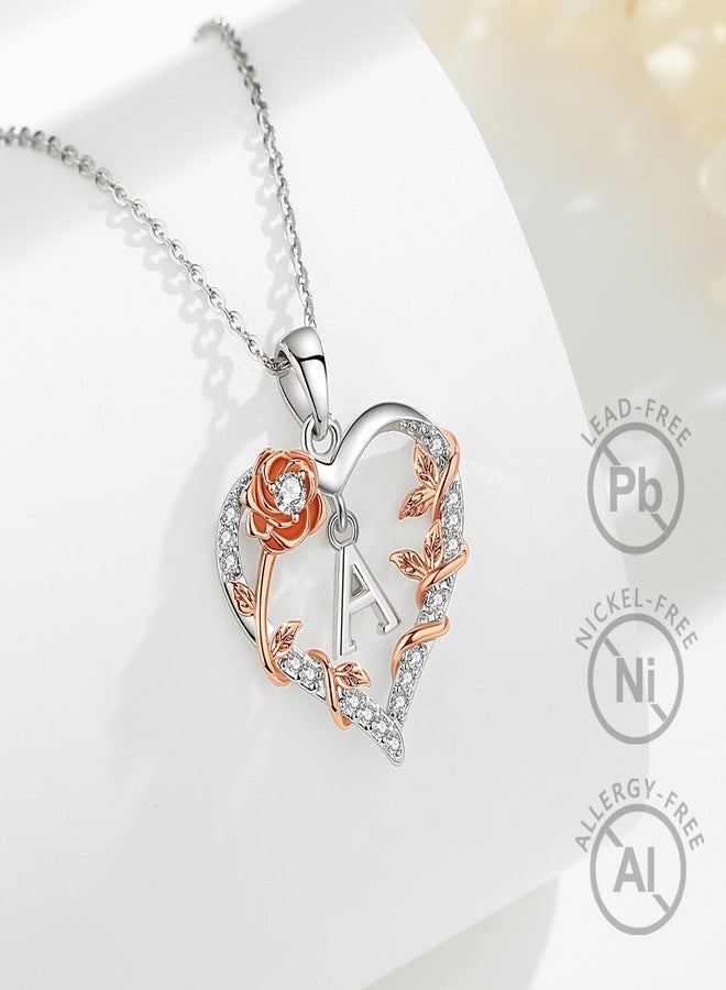 EUDORA Rose Heart Initial A Necklace for Women Letter A Alphabet Initial Necklaces Copper Rhodium Plated Pendant with Cubic Zirconia, Initials Jewelry Gifts for Women Wife 18" - Image 2