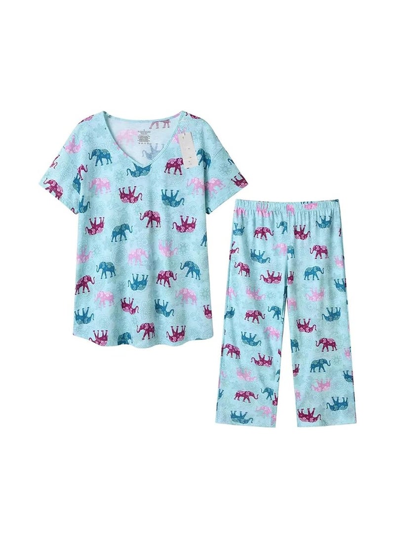 Summer Cotton Elephant Pattern Ladies Loungewear Set - Image 1
