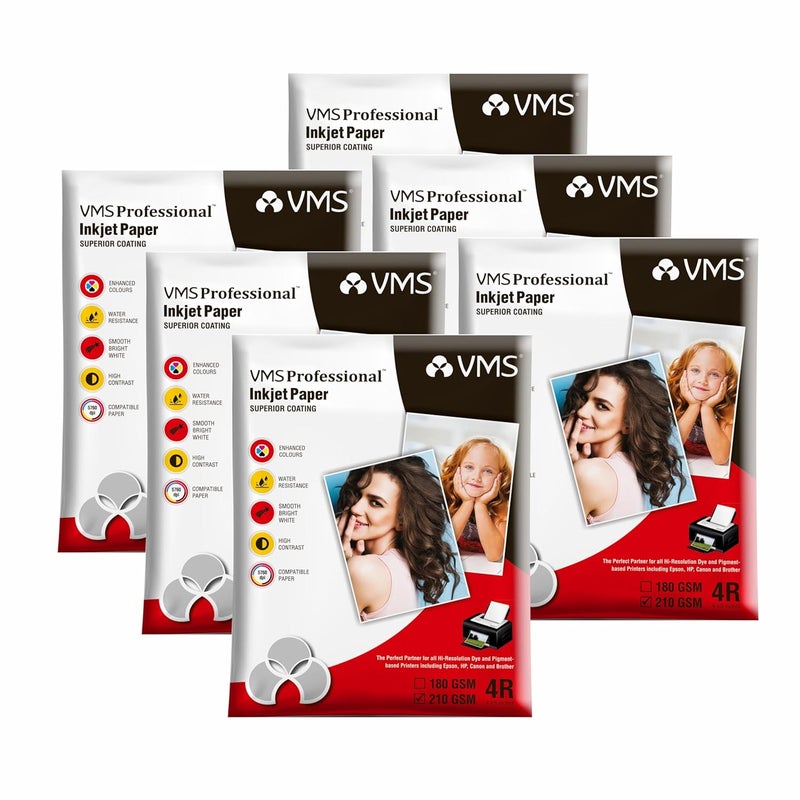 VMS ورق صور لامع احترافي 210 GSM 4R (4x6) – مقاوم للماء، عبوة من 6 × 100 ورقة - Image 1