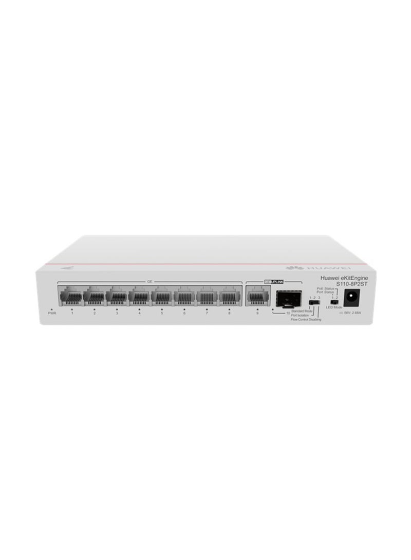 HUAWEI S110-8P2ST 8-Port Gigabit Ethernet Switch with 1 GE SFP Port, 1 x 10/100/1000BASE-T, PoE+ Support (124W), 155W Maximum Power Consumption, 20 Gbps Switching Capacity, 14.88 Mpps Forwarding Rate, 0.8U Rackmount/WALL Mountable, 56V DC Power Adapter, Natural Heat Dissipation, EMC/Safety Certified, Operating Temp 0°C to 40°C (32°F to 104°F) White - Image 1