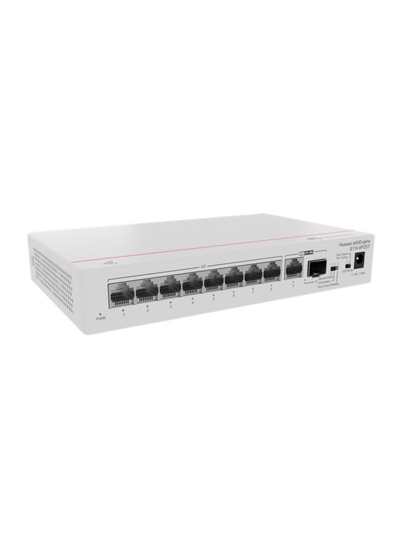 HUAWEI S110-8P2ST 8-Port Gigabit Ethernet Switch with 1 GE SFP Port, 1 x 10/100/1000BASE-T, PoE+ Support (124W), 155W Maximum Power Consumption, 20 Gbps Switching Capacity, 14.88 Mpps Forwarding Rate, 0.8U Rackmount/WALL Mountable, 56V DC Power Adapter, Natural Heat Dissipation, EMC/Safety Certified, Operating Temp 0°C to 40°C (32°F to 104°F) White - Image 3