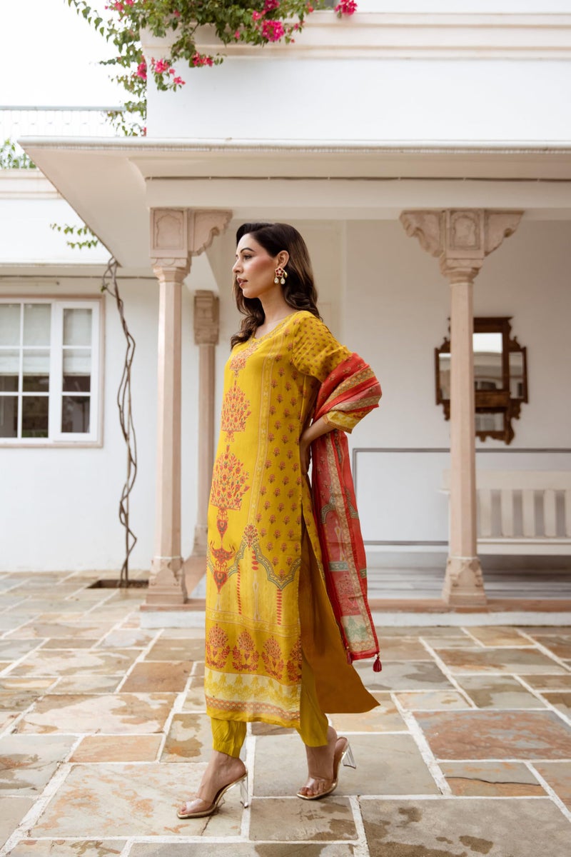 GoSriKi Women's Rayon Viscose Straight Printed Kurta with Pant & Dupatta (CHAMPIKA Yellow-GS_S_Yellow_Small) - Image 3