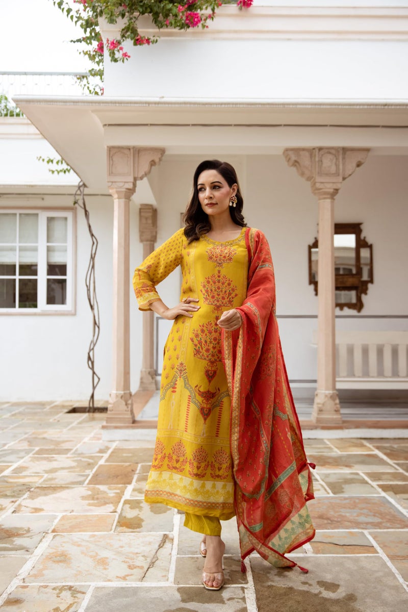 GoSriKi Women's Rayon Viscose Straight Printed Kurta with Pant & Dupatta (CHAMPIKA Yellow-GS_S_Yellow_Small) - Image 4